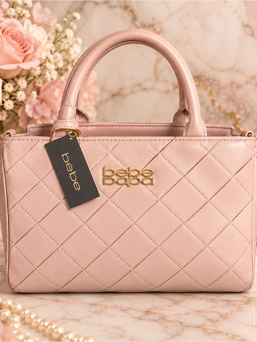 bebe Quilted Satchel Crossbody Bag 2 Piece Gold Logo NWT
